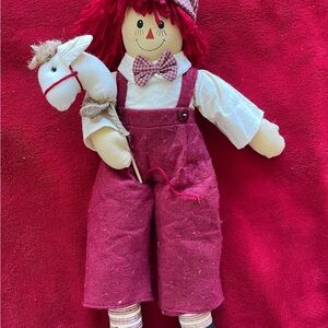 Unicorn Merchandise Vintage Raggedy Ann & Andy Burgundy Overall Doll w Horse 18"